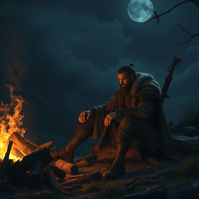 Same warrior face by campfire at night