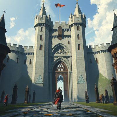 Same warrior character at castle gates maintaining consistency