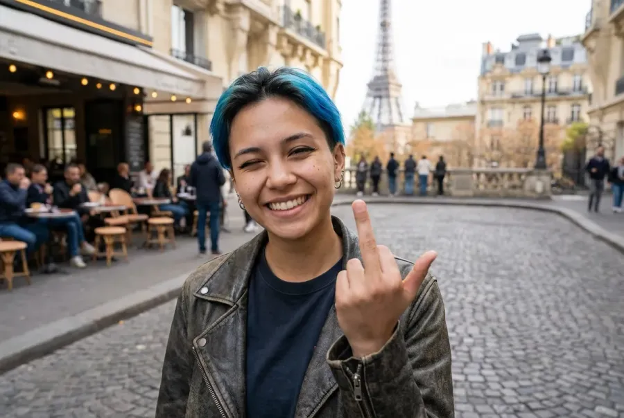 Zoe generated in a Paris street scene with the Eiffel Tower, consistent face