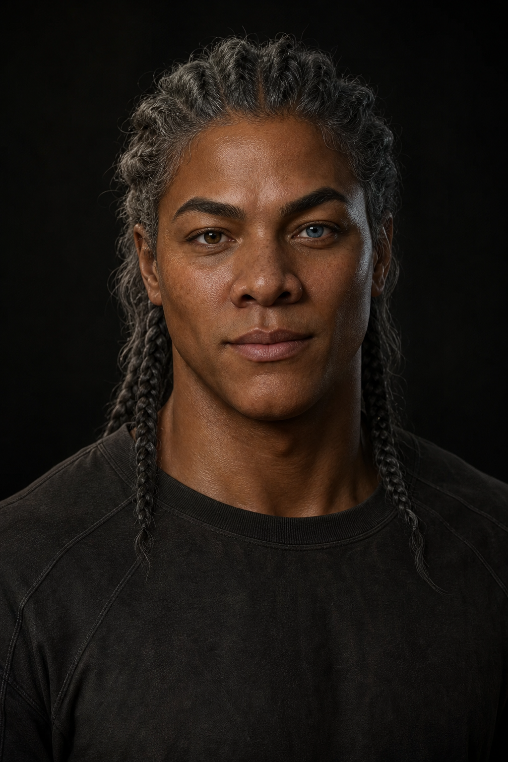Cinematic portrait of Elias, an original character with grey braids and heterochromia