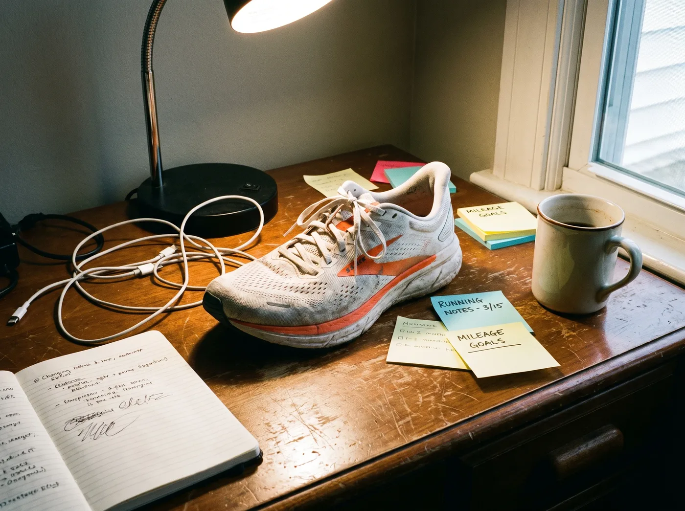 Original product photo of a sneaker on a cluttered desk