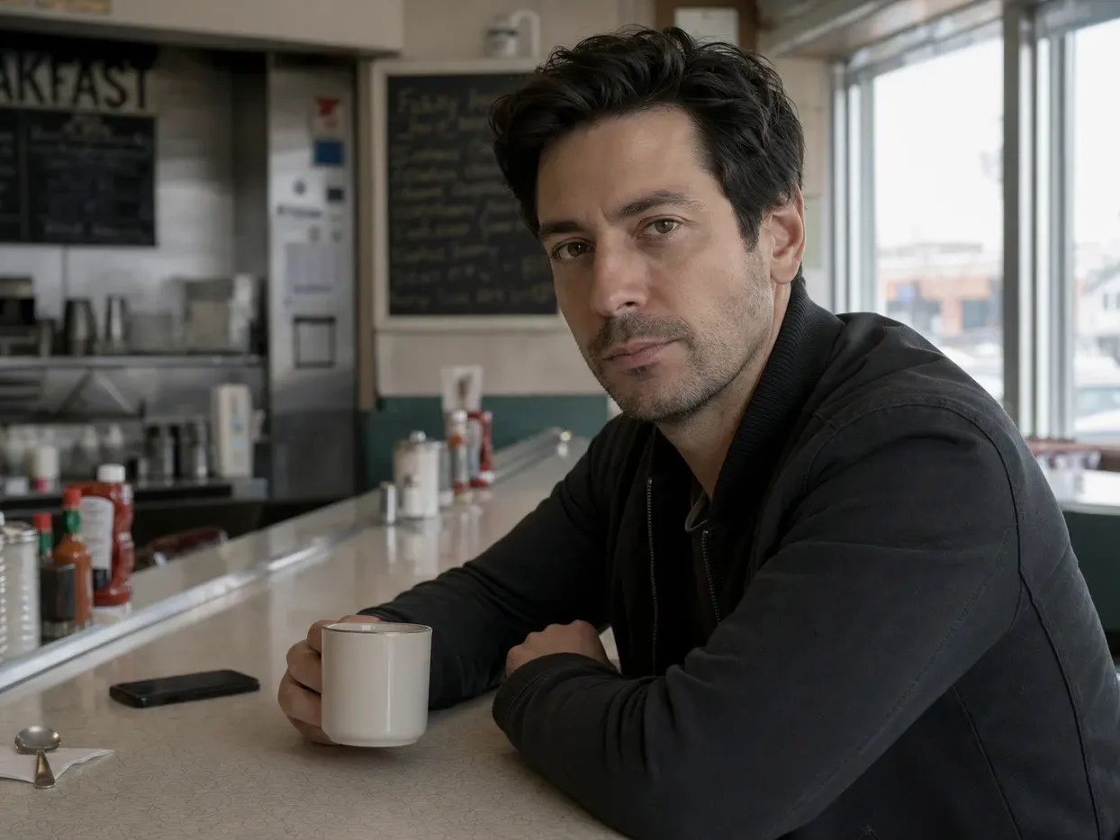 Original flat daylight photo of a man in a diner