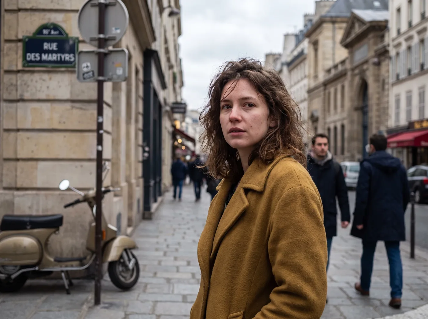 Original street portrait with a scooter and street sign in the background