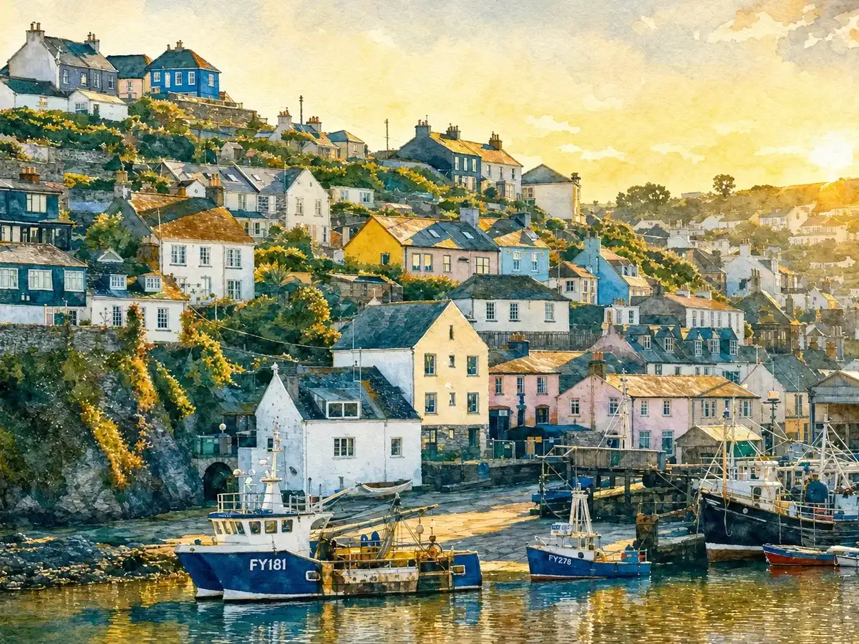 The same coastal village restyled as a watercolor painting by the AI image editor