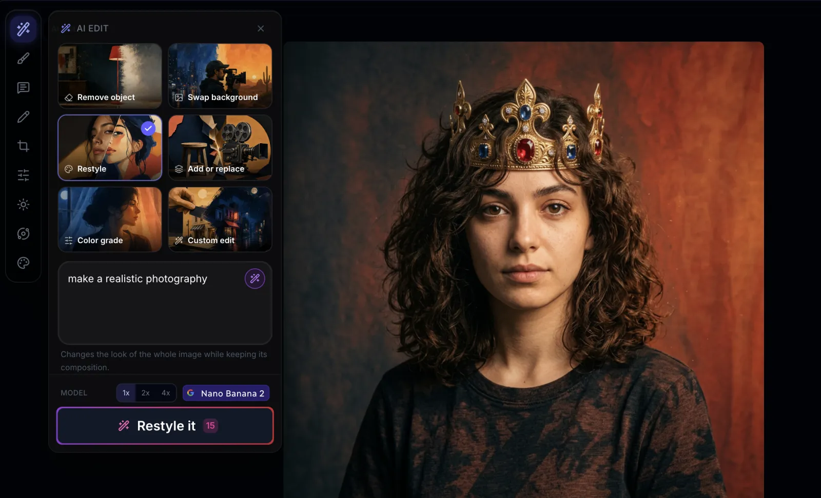 AI image editor panel showing edit presets and a restyle prompt next to a portrait photo