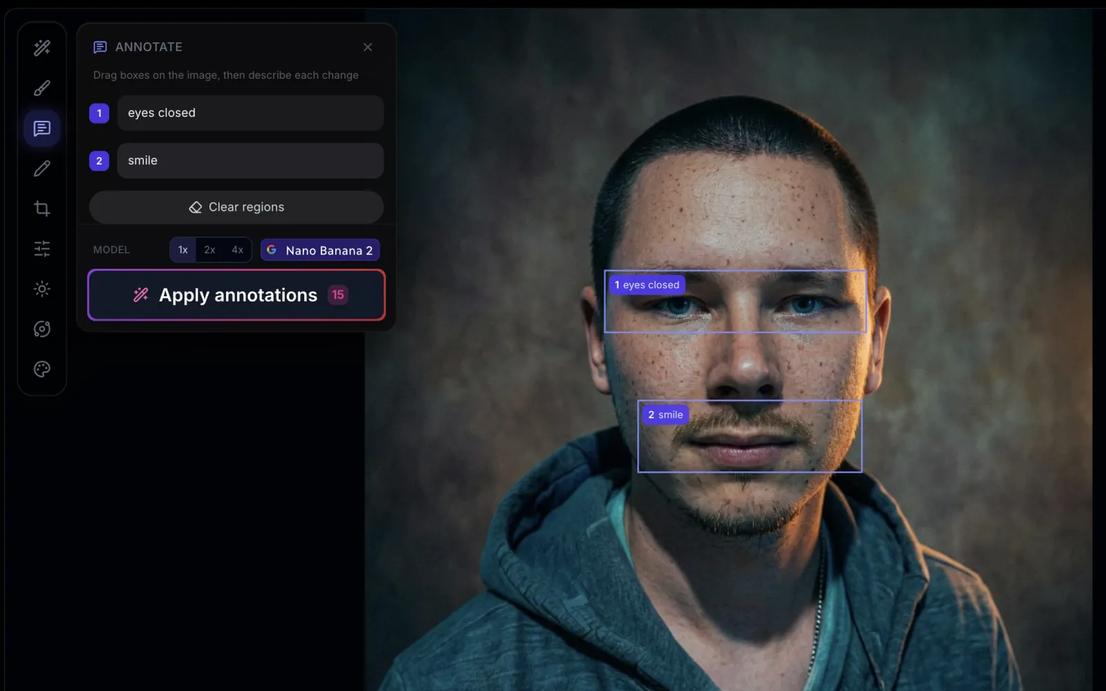 Two annotated regions on a portrait, labeled eyes closed and smile, in the AI image editor