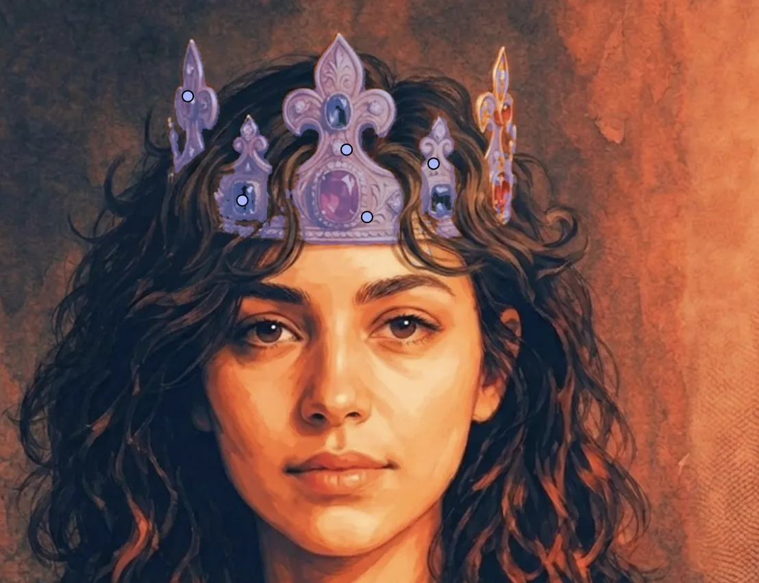 Automatic object selection outlining a jeweled crown with click points in the AI image editor
