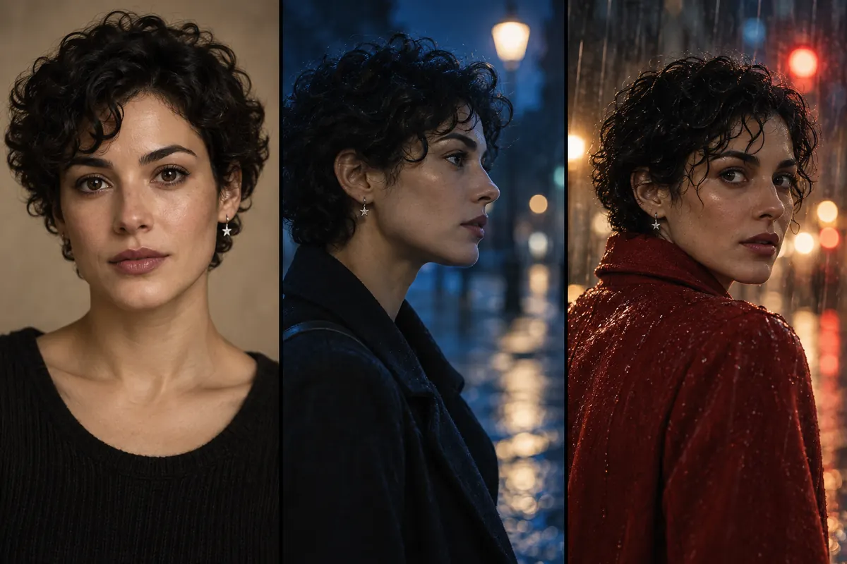 The same woman in a casting portrait, a night profile, and a rain-soaked scene