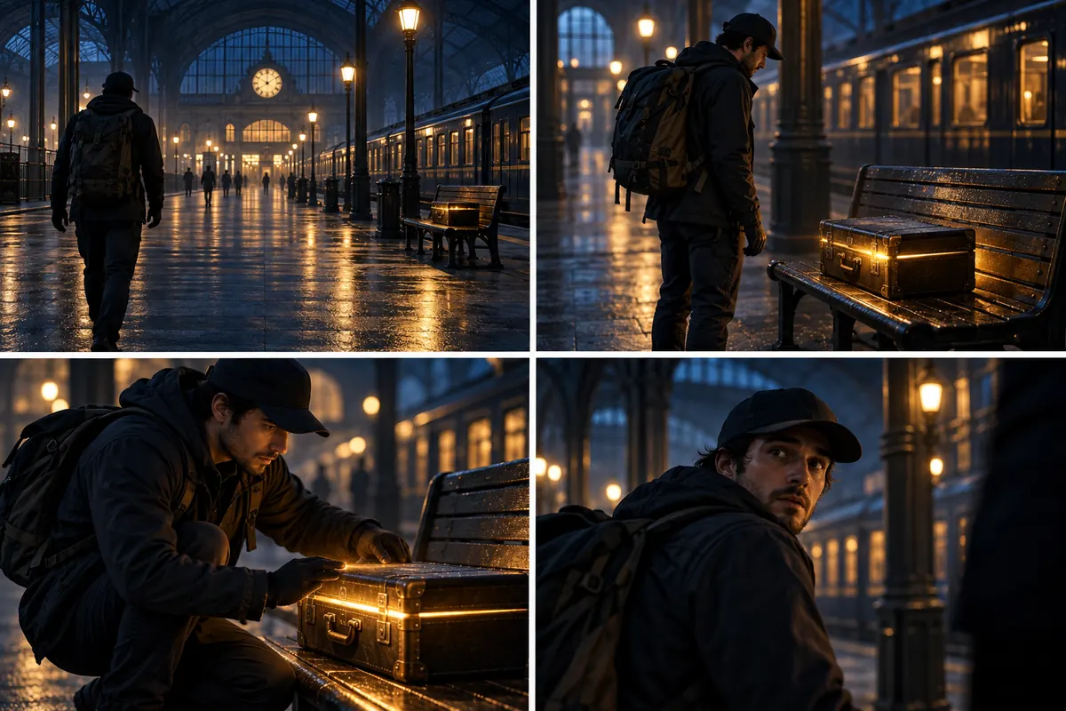 Four consecutive shots of a courier discovering a suitcase in a train station