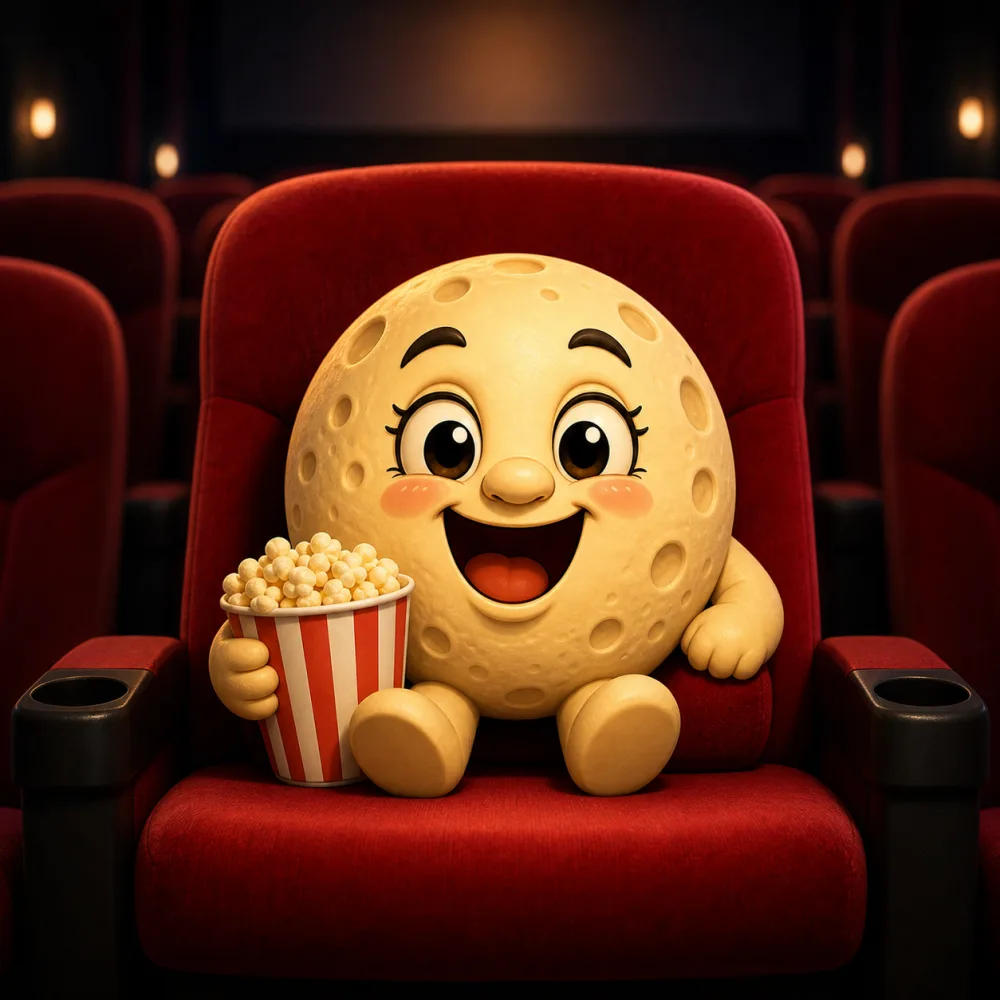 Lune watching the finished film in a cinema seat with popcorn