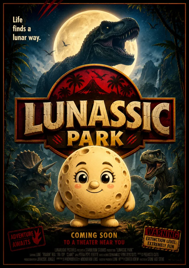 Lunassic Park — Creature feature movie poster starring Lune