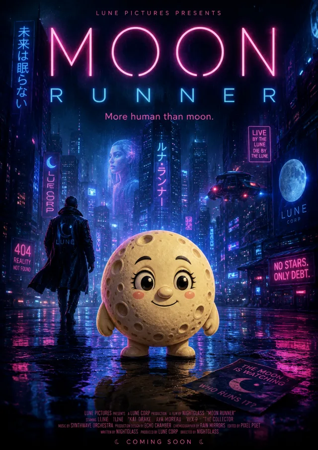 Moon Runner — Neo-noir sci-fi movie poster starring Lune