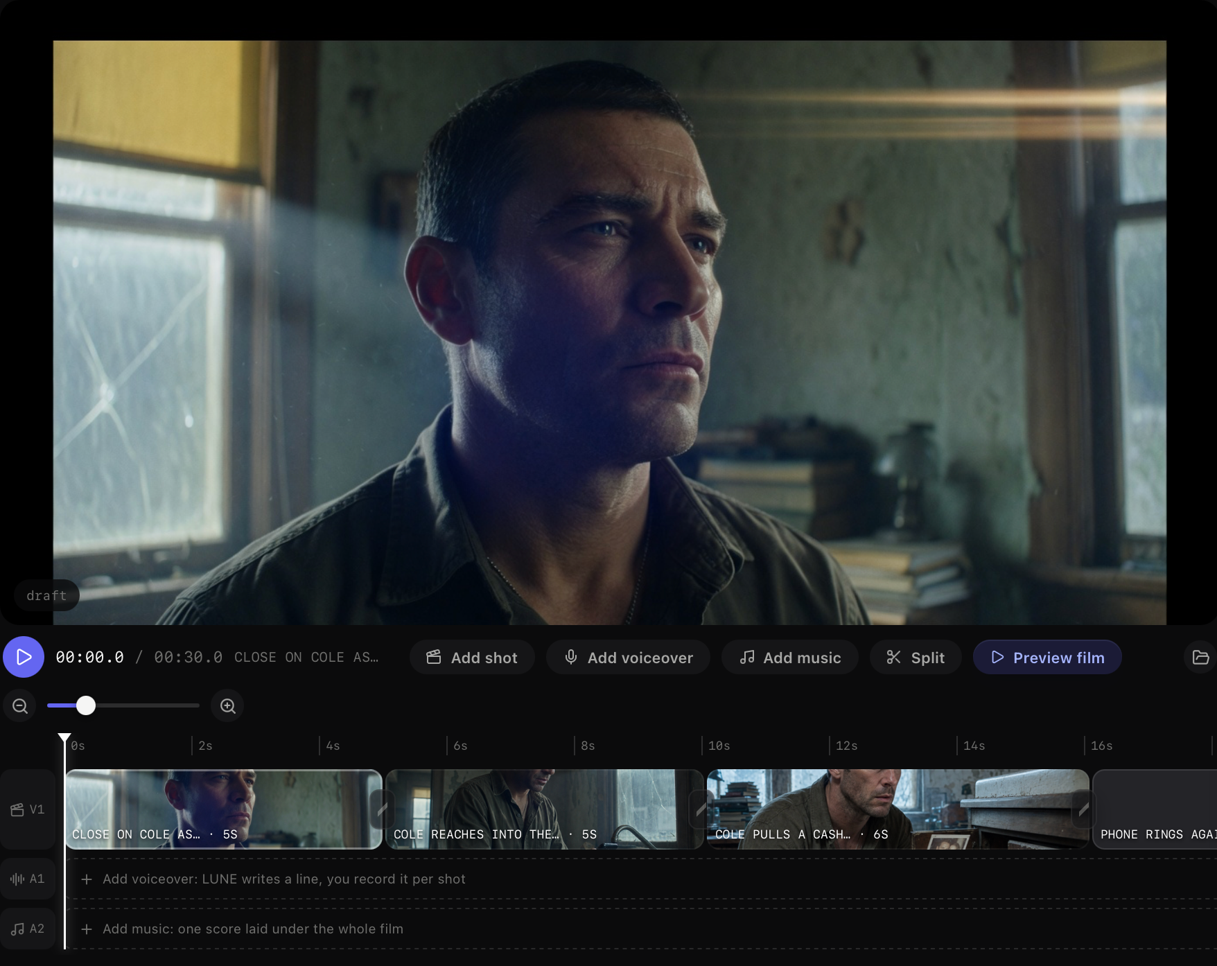 VibeFilm film preview timeline with shots, voiceover, and music tracks