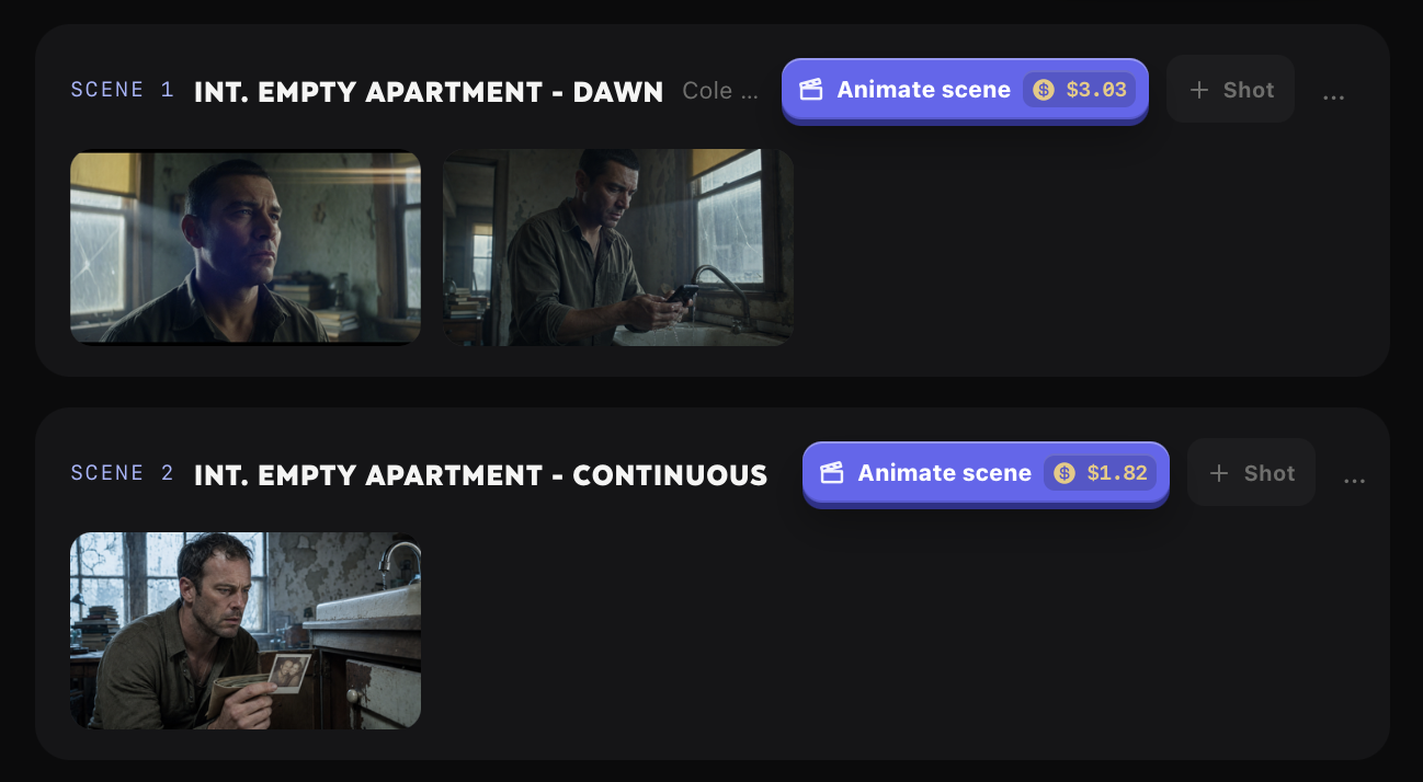 VibeFilm Scenes workspace with shots ready to animate and direct