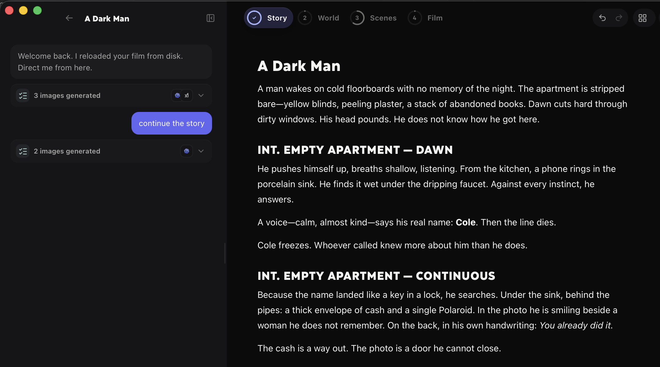 VibeFilm Story workspace with Lune developing a screenplay from a conversation