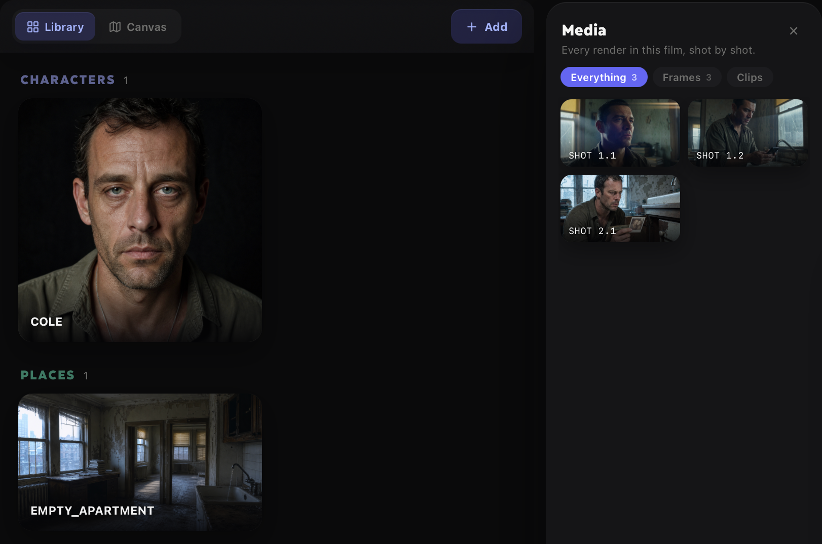 VibeFilm World library with a recurring character, location, and generated scene media